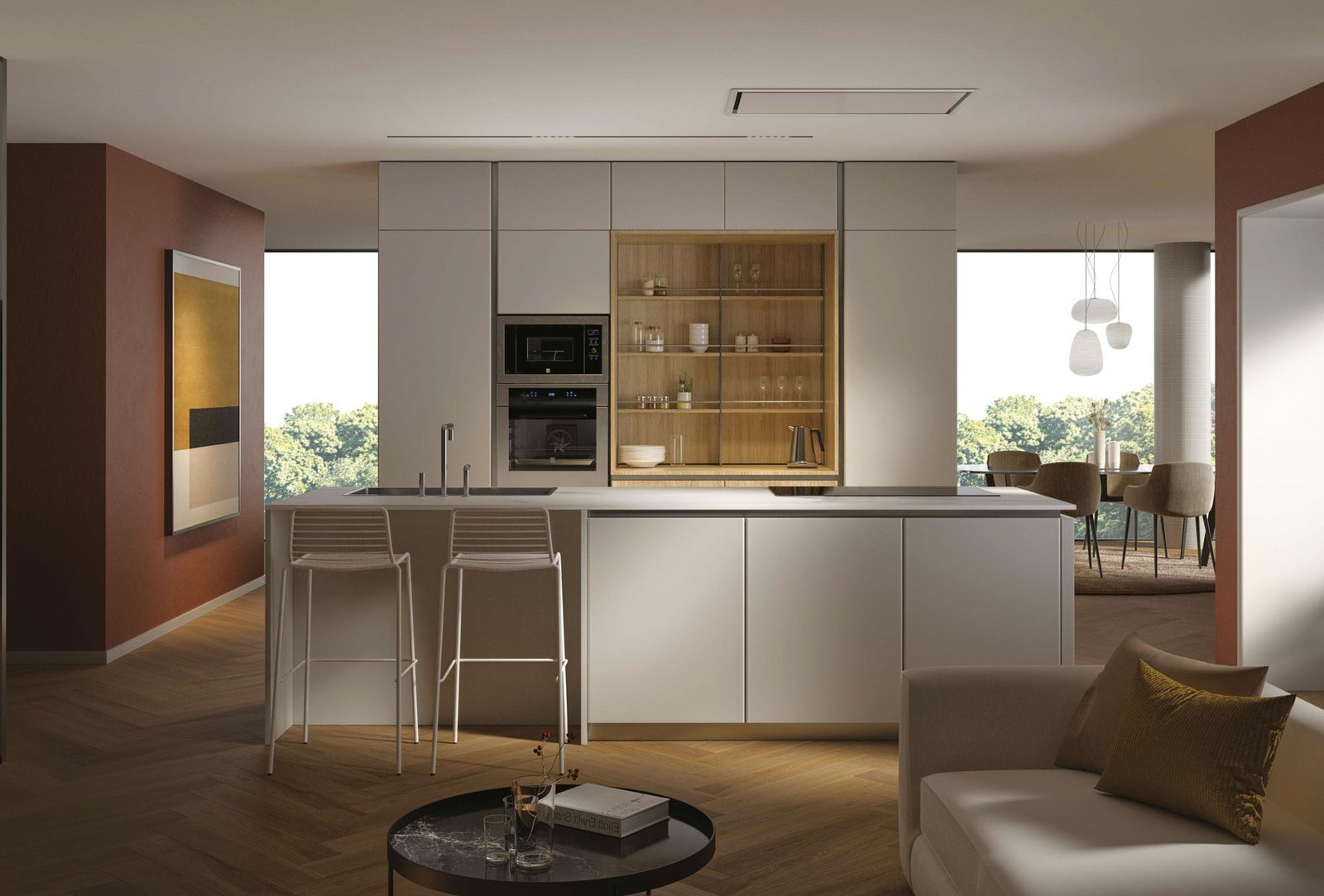 Cucina a isola con top snack e boiserie