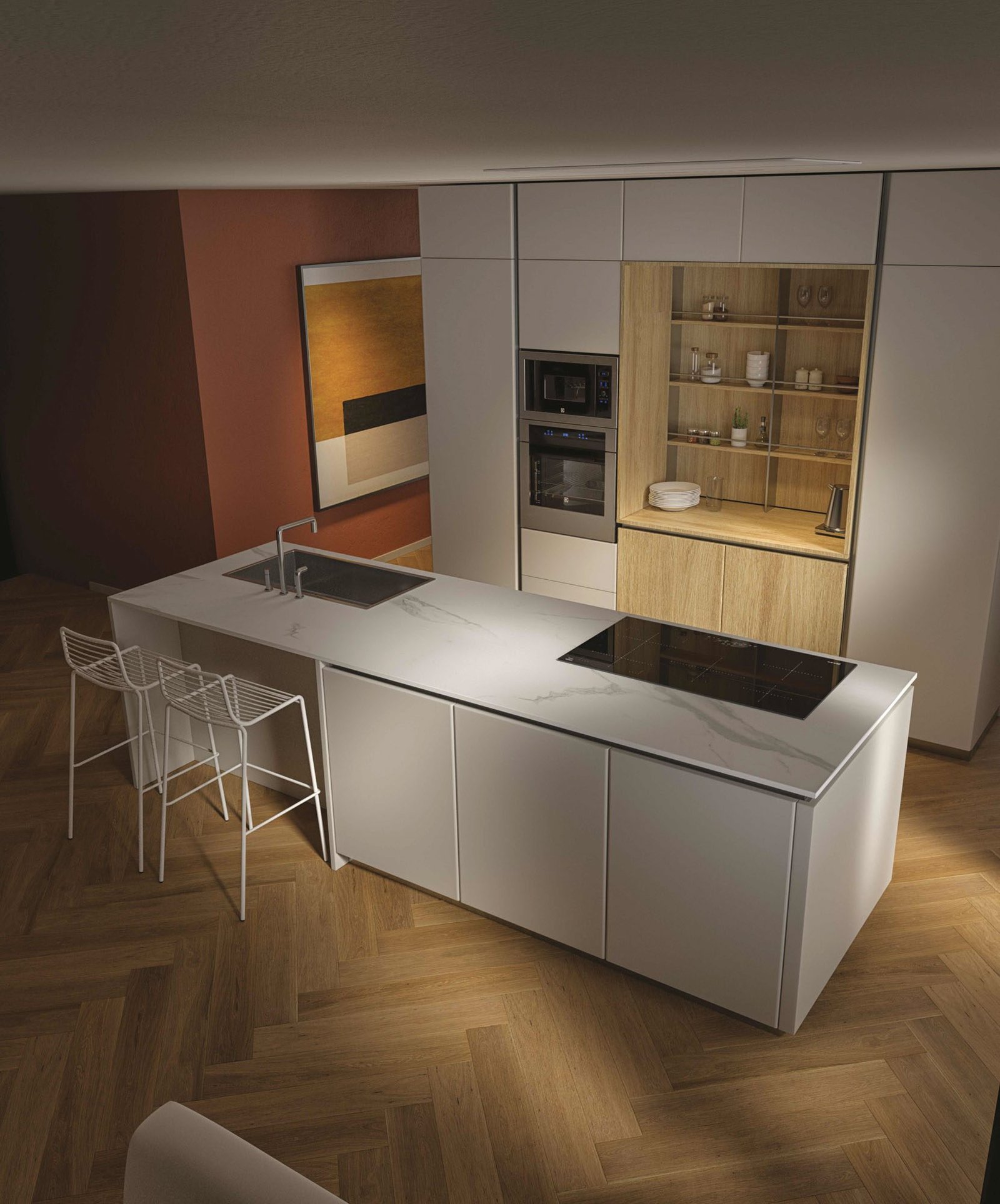 Cucina a isola con top snack e boiserie - immagine 3