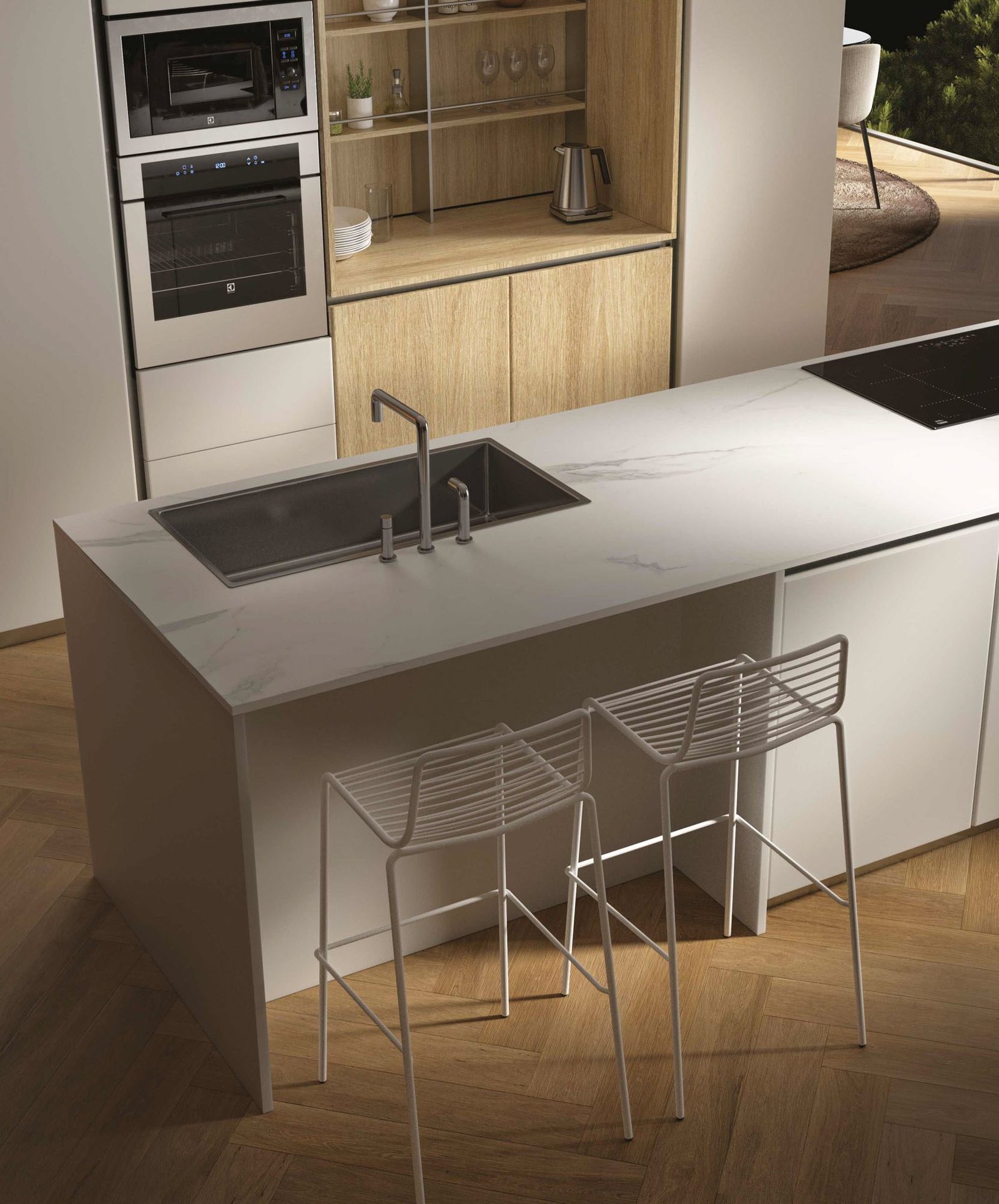 Cucina a isola con top snack e boiserie - immagine 5