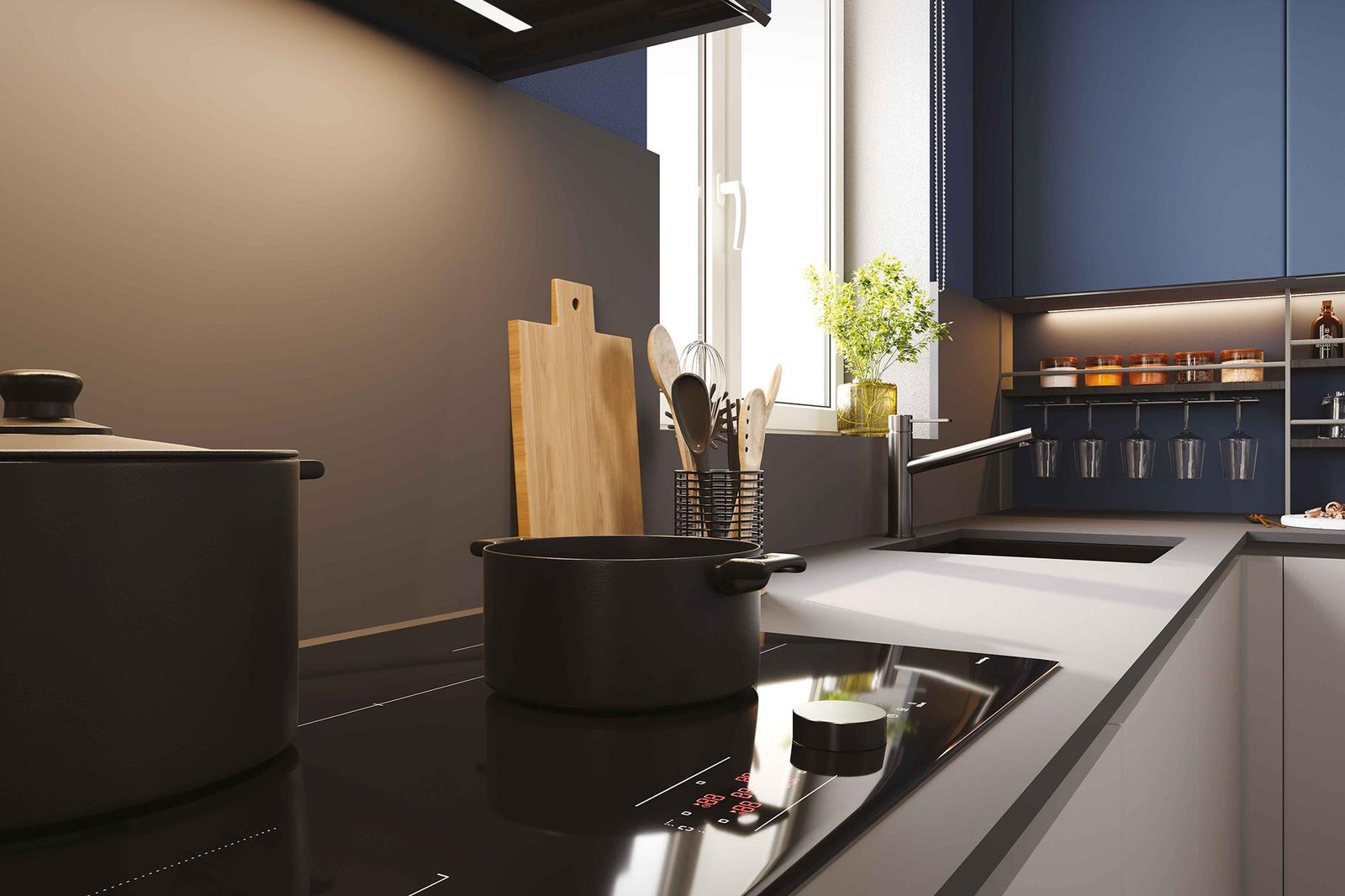 Cucina ad angolo blu e grigia - immagine 3