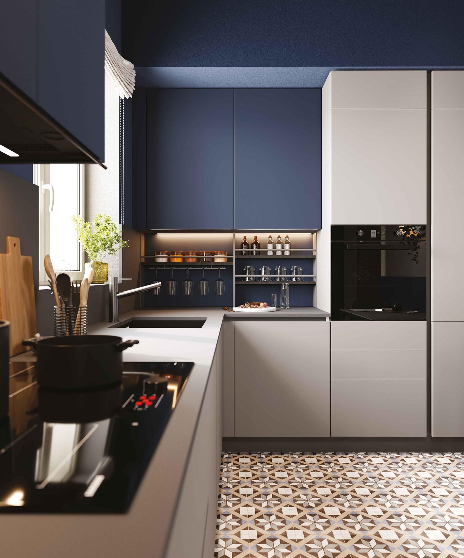 Cucina ad angolo blu e grigia - immagine 5