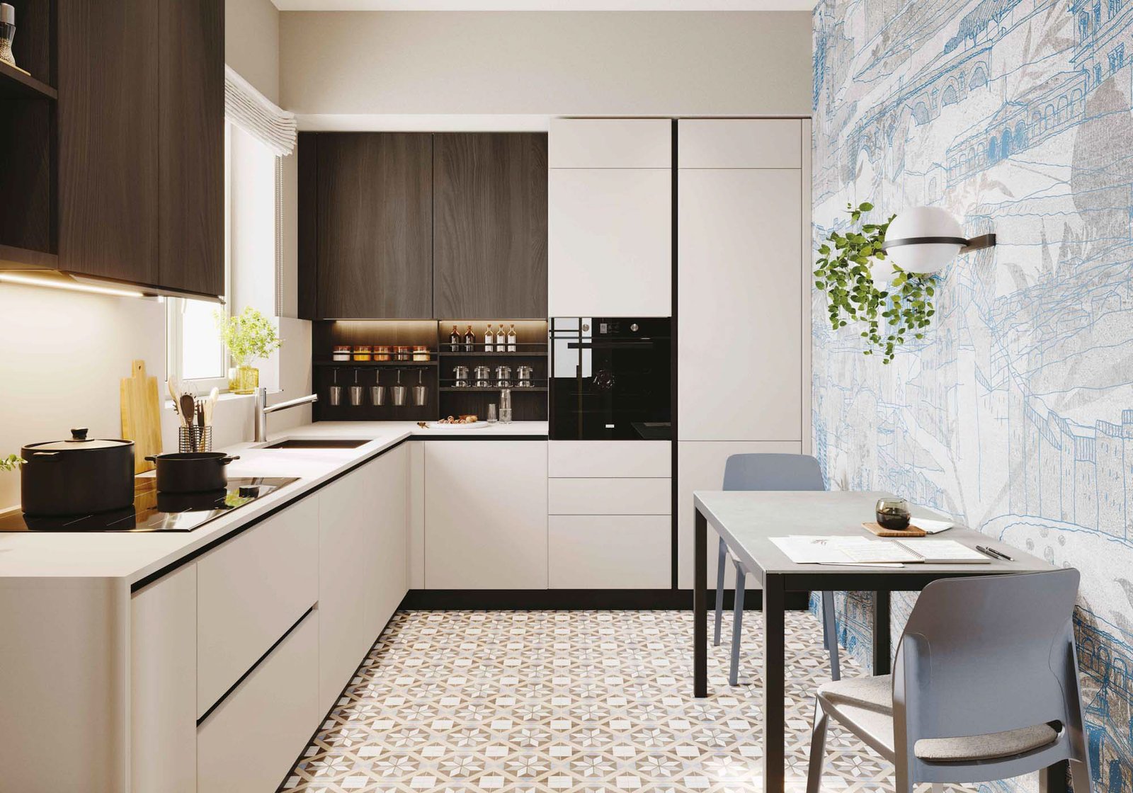 Cucina angolare con colonne in nobilitato