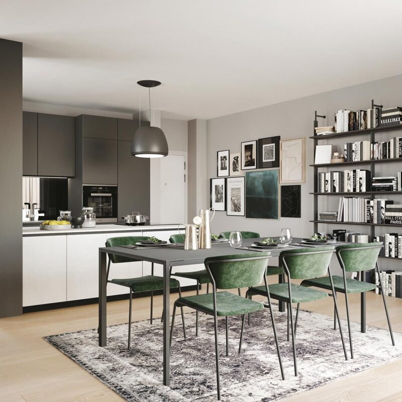 Cucina a isola effetto resina e PET nero e bianco