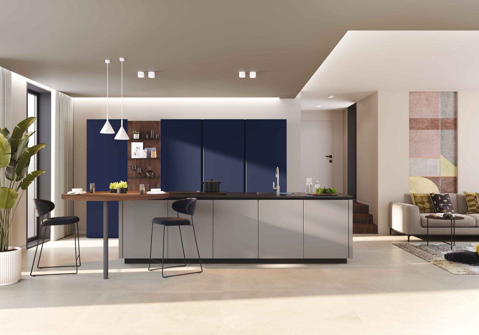 Cucina a isola con ante in vetro opaco colorato blu