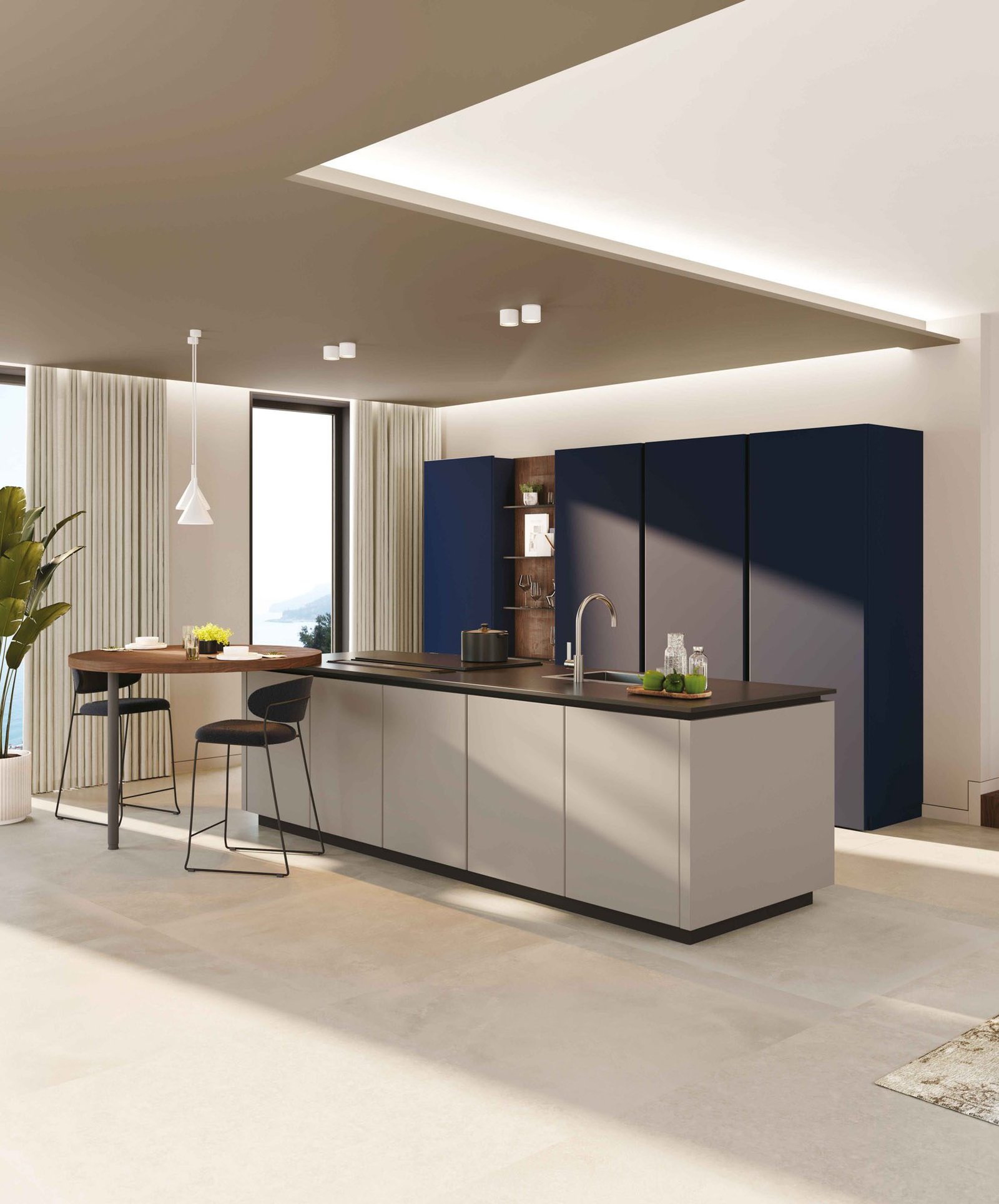 Cucina a isola con ante in vetro opaco colorato blu - immagine 4