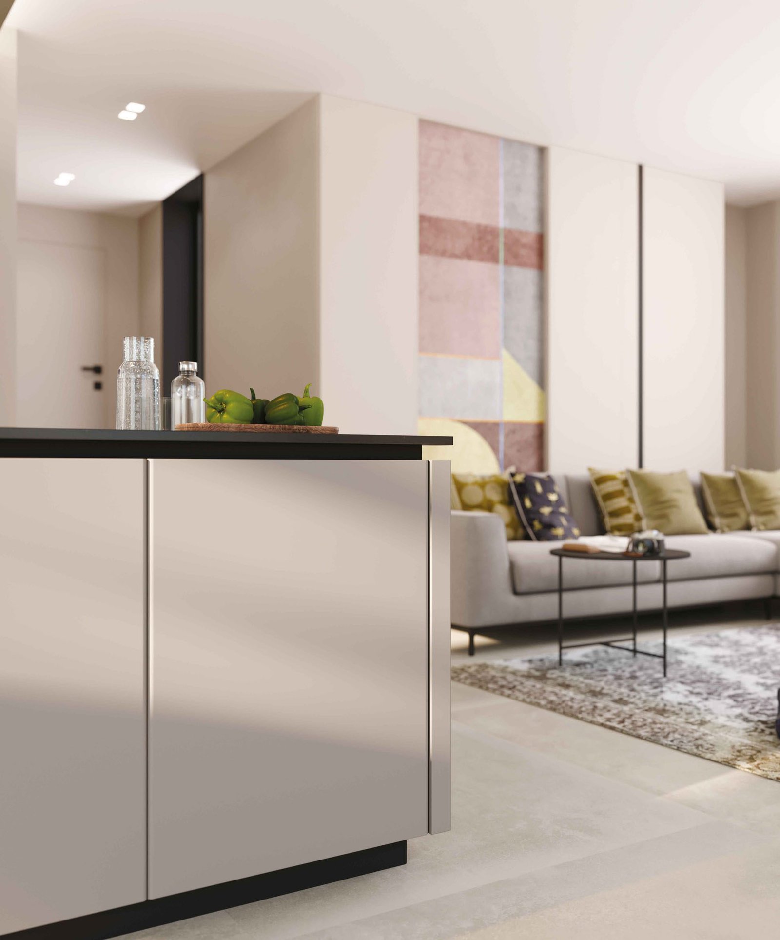 Cucina a isola con ante in vetro opaco colorato blu - immagine 2