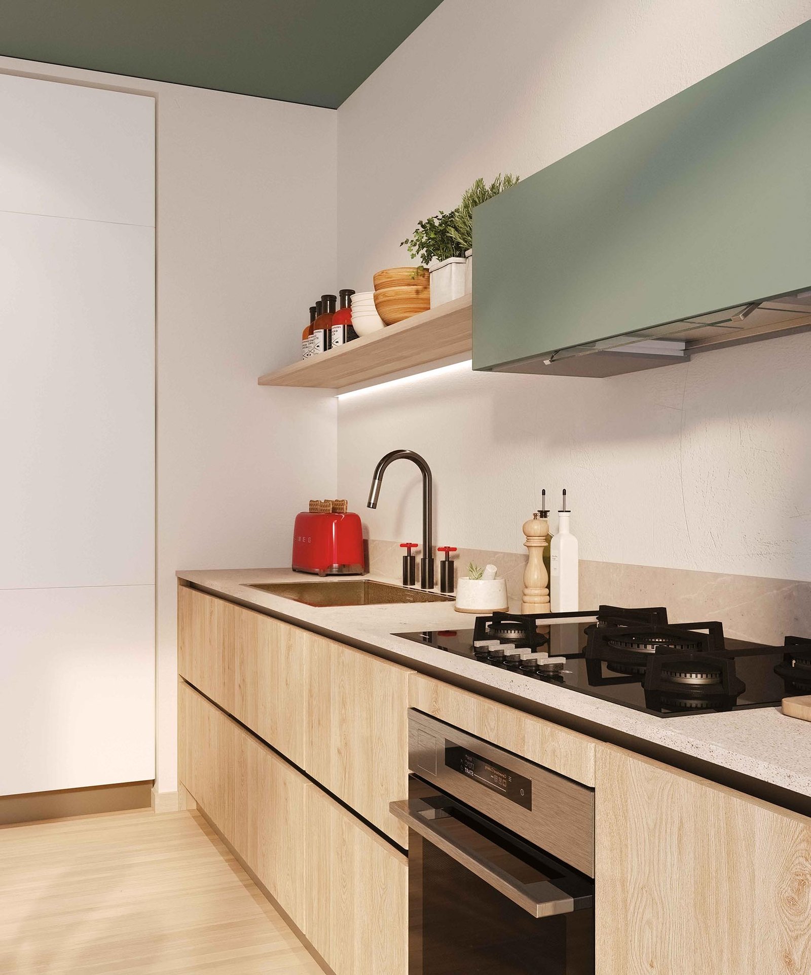 Cucina lineare in nobilitato effetto legno - immagine 3