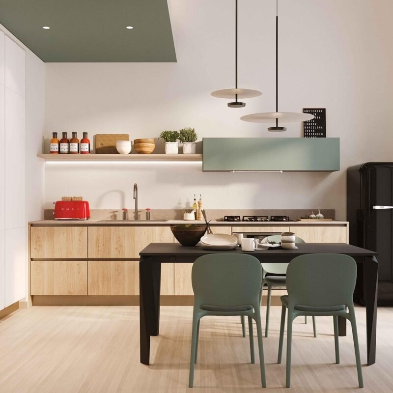 Cucina lineare in nobilitato effetto legno