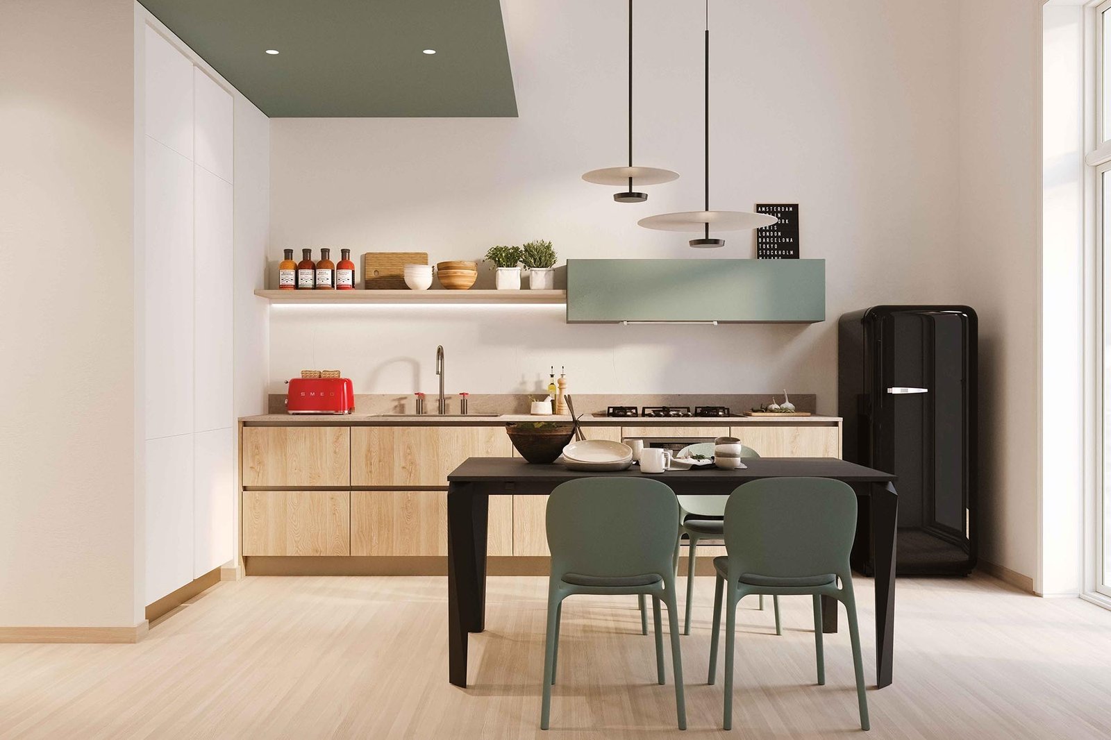 Cucina lineare in nobilitato effetto legno