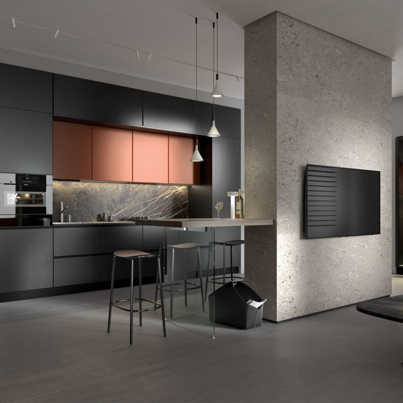 Cucina lineare antracite con pensili laccati a contrasto
