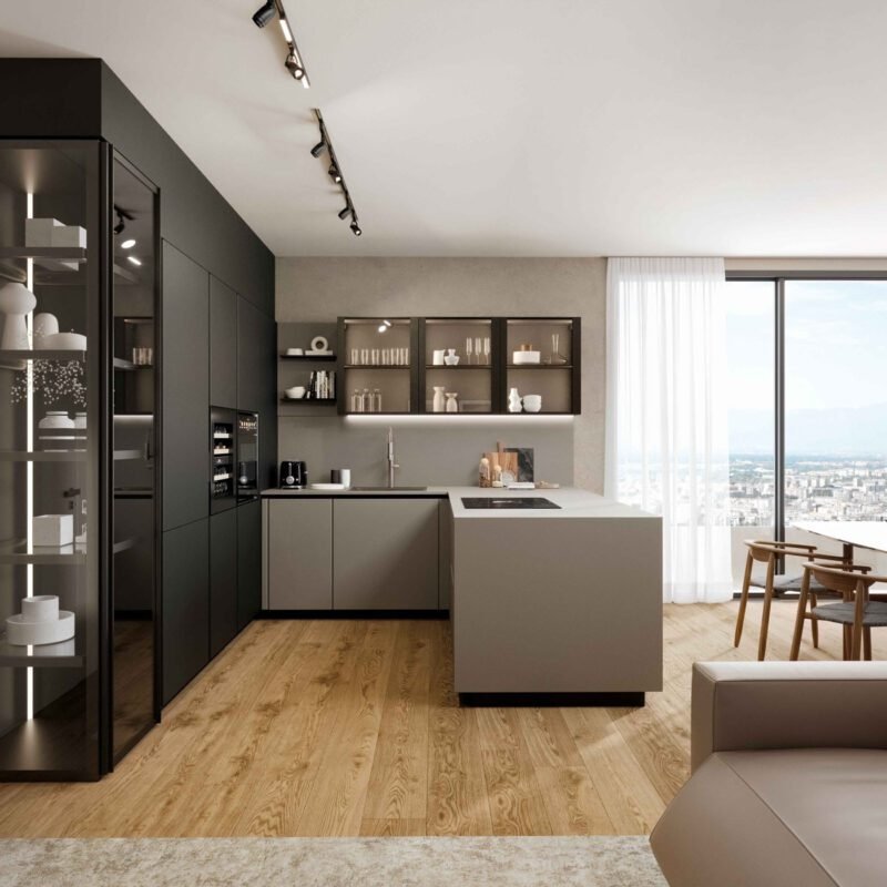 Cucina con penisola in PET nero e tortora