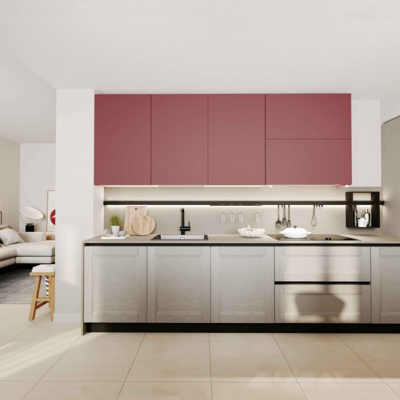 Cucina Ada in versione angolare con pensili rosa