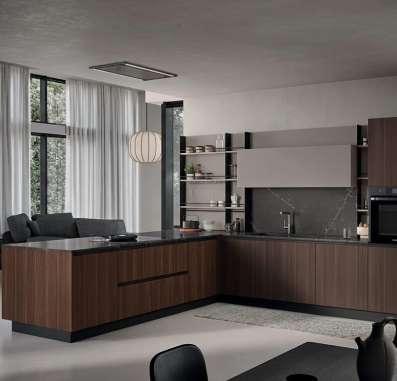 Cucina con penisola in melaminico legno scuro