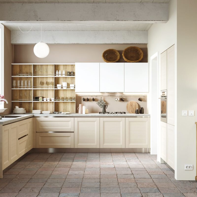Cucina Ada angolare con scaffali a giorno e colonne a parte
