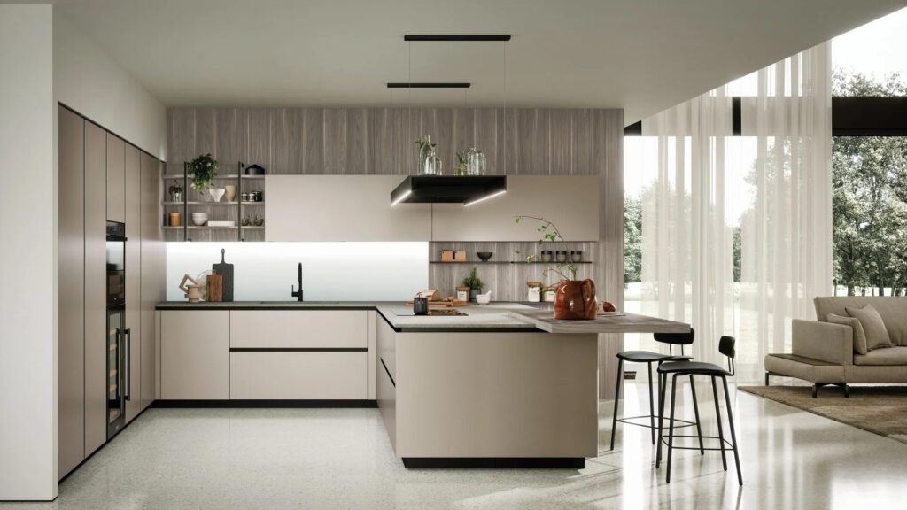 cucina-alu-tab-con-anta-in-vetro-opaco-con-penisola-vista-frontale