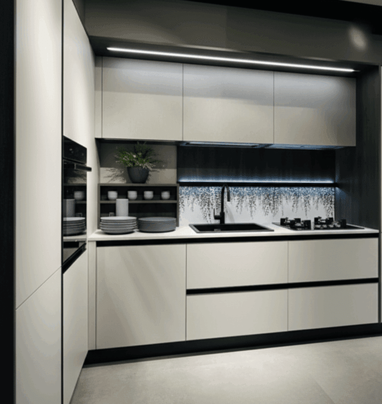 cucina angolare bianca con maniglia a profilo nera