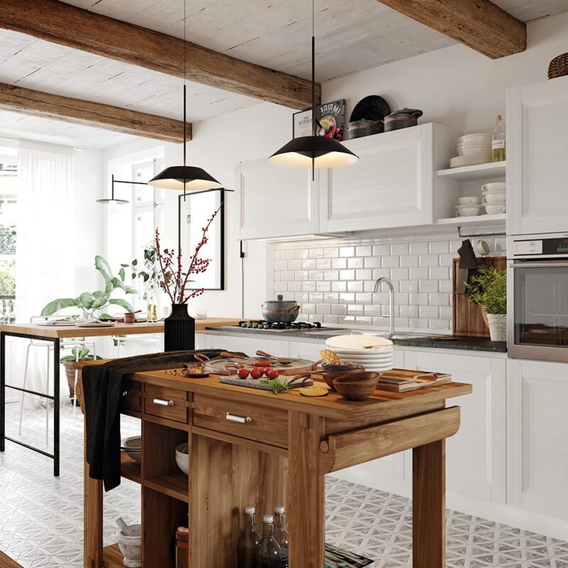 Cucina Ada in versione lineare con bancone penisola in rovere massello