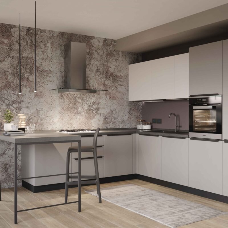 Cucina Intra ad angolo con bancone sospeso