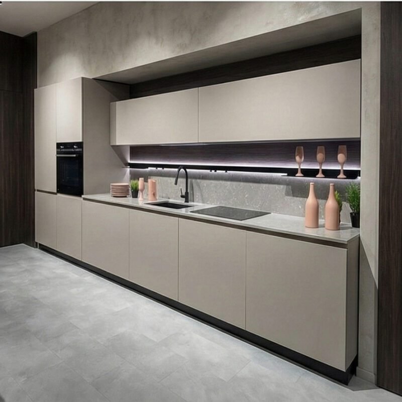 Cucina lineare Jane in Pet Canapa con piani in caramica