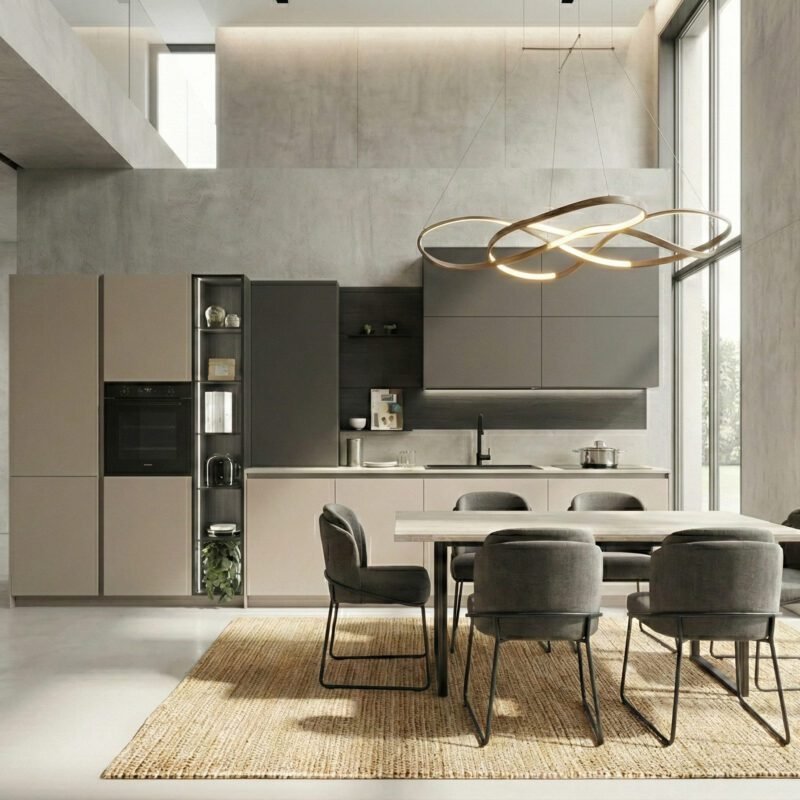 Cucina Alu Tab lineare in vetro opaco canapa e antracite