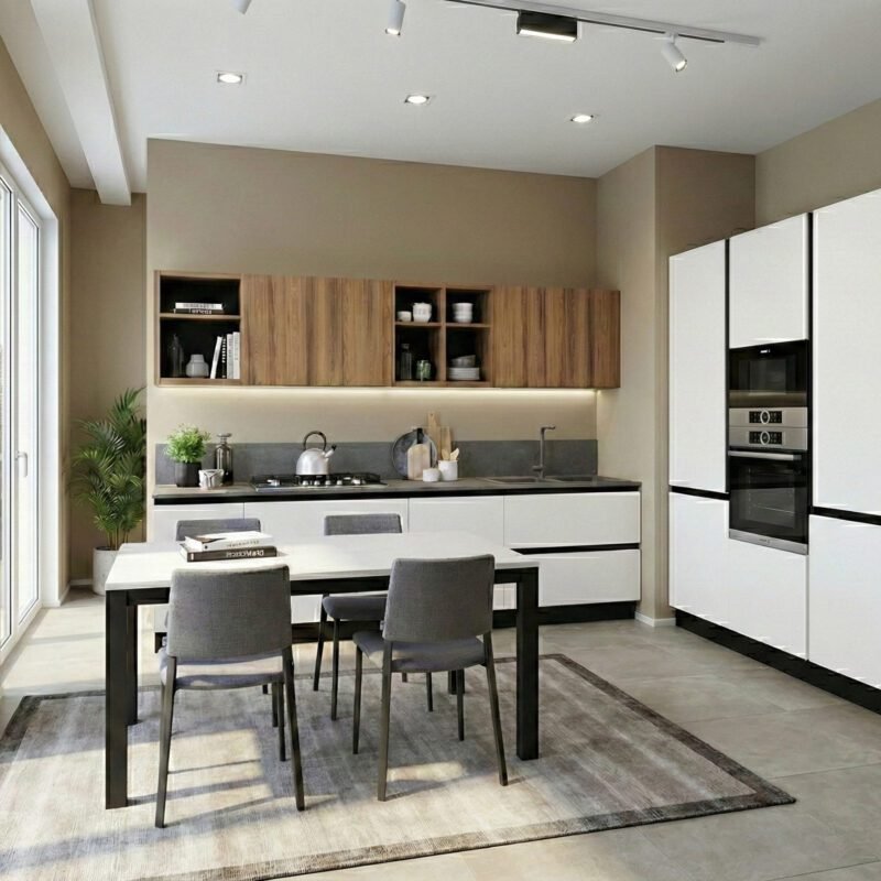 Cucina Taking angolare con colonne a parte in bianco ultra-opaco e materico rovere