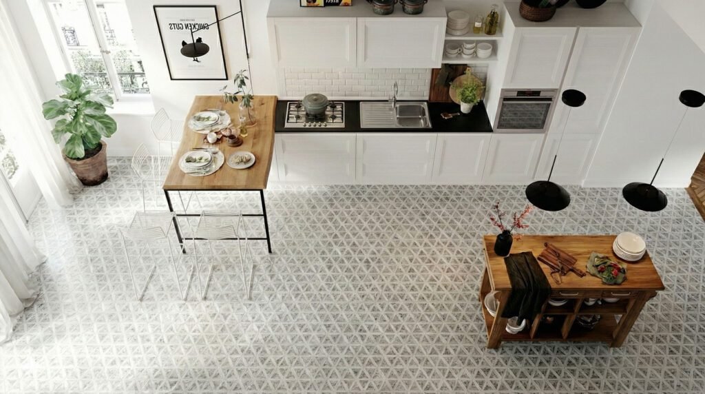 Cucina-ada-composizione-lineare-con-bancone-vista-dall'alto