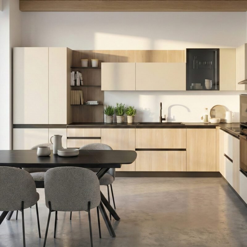 Cucina Taking angolare con ante legno chiaro e canapa