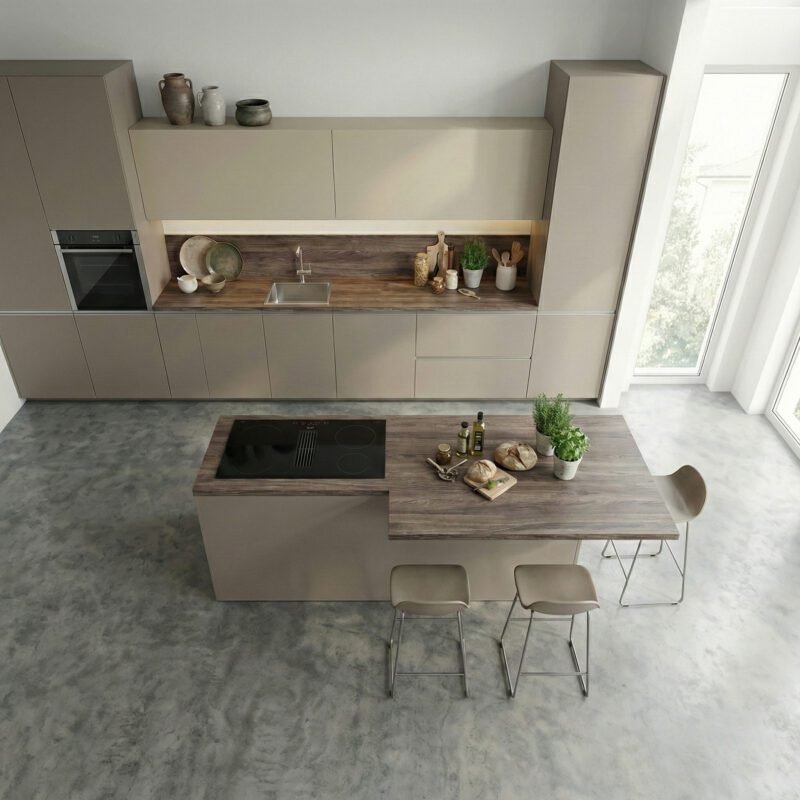 Cucina Linea Dritta in Pet Castano e polvere Seta
