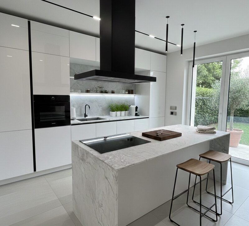 Cucina Alu Tab con ante in vetro bianco lucido
