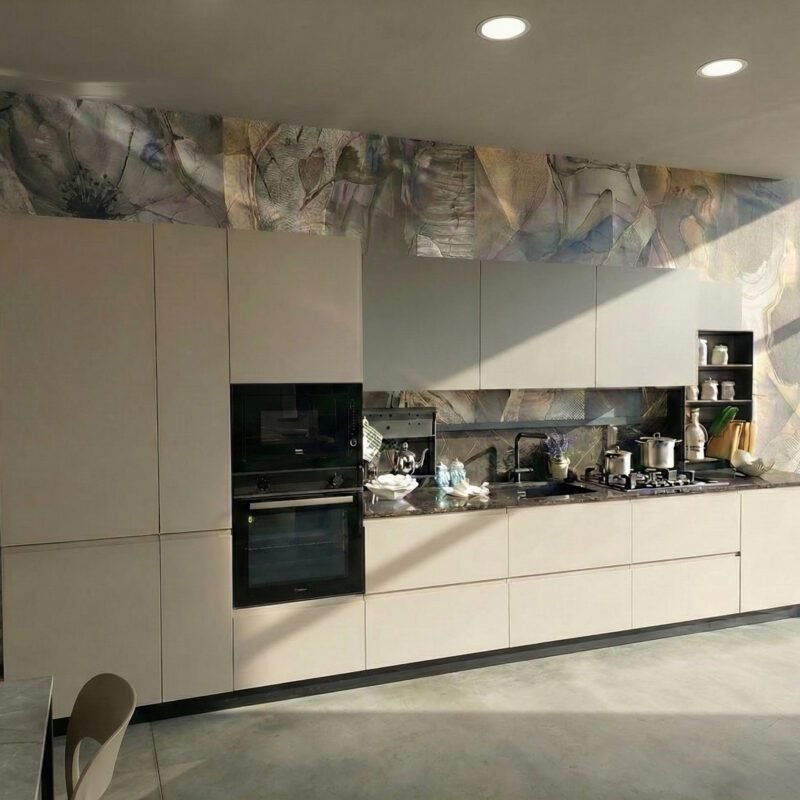 Cucina Jane lineare con piani in quarzo e basi color canapa