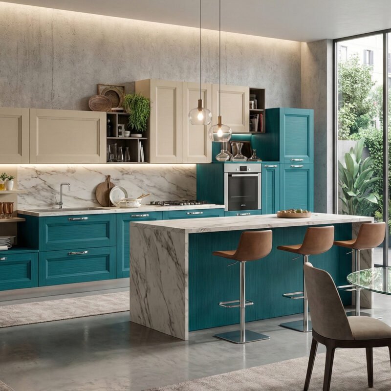 Cucina Ada laccata blu e canapa con isola centrale e tops in vero marmo arabescato