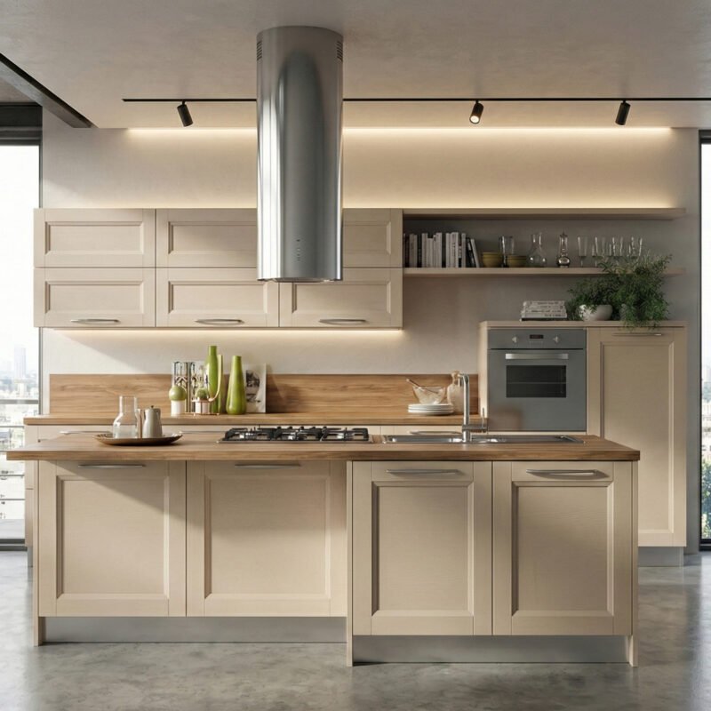 Cucina Ada con isola in versione laccata canapa con piani effetto legno