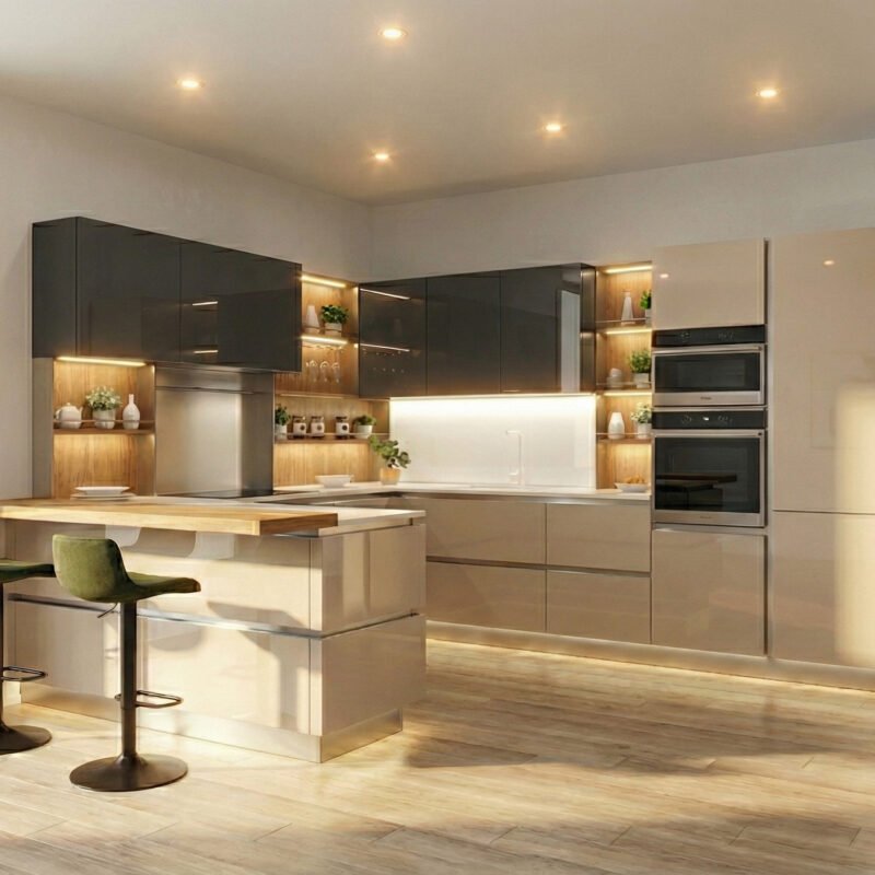 Cucina con penisola Alu Tab con anta in vetro lucido e rifiniture inox