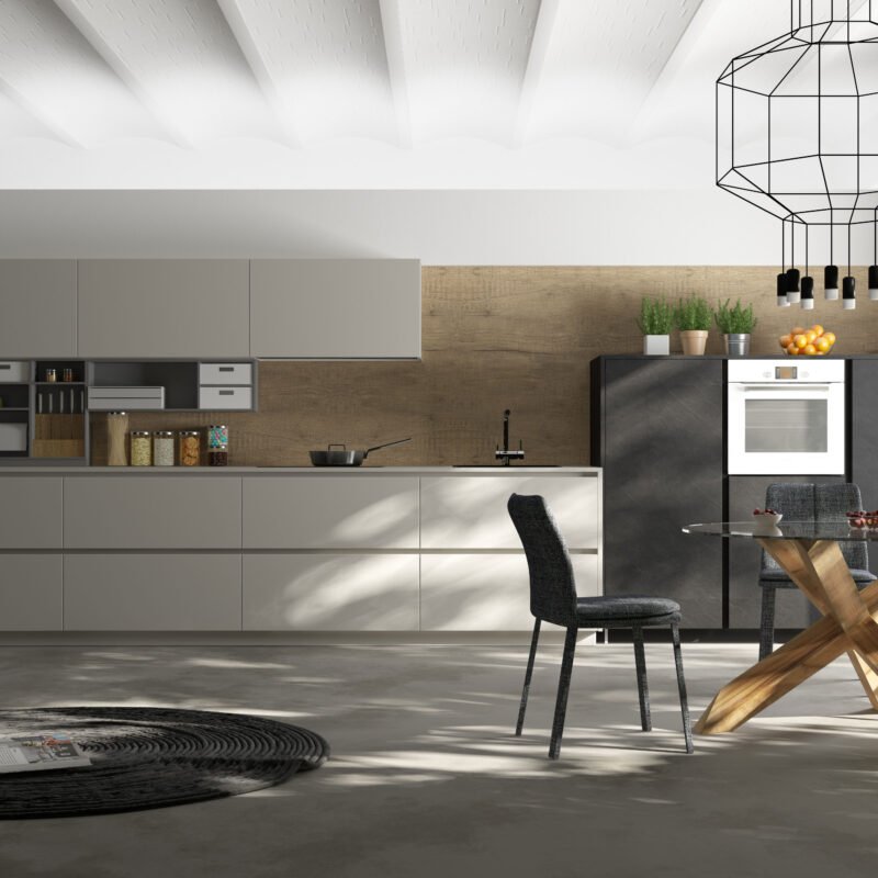 Grande cucina lineare Modello Sistematica con scaffali composti artigianali laccati