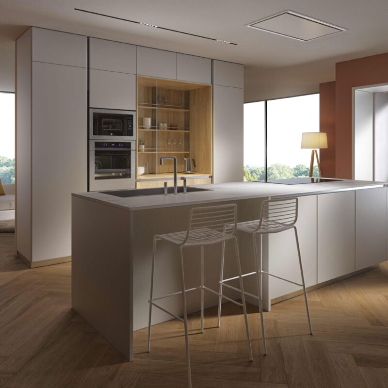 Cucina Grip in Pet bianco con Grande isola centrale e colonne con altezza su misura