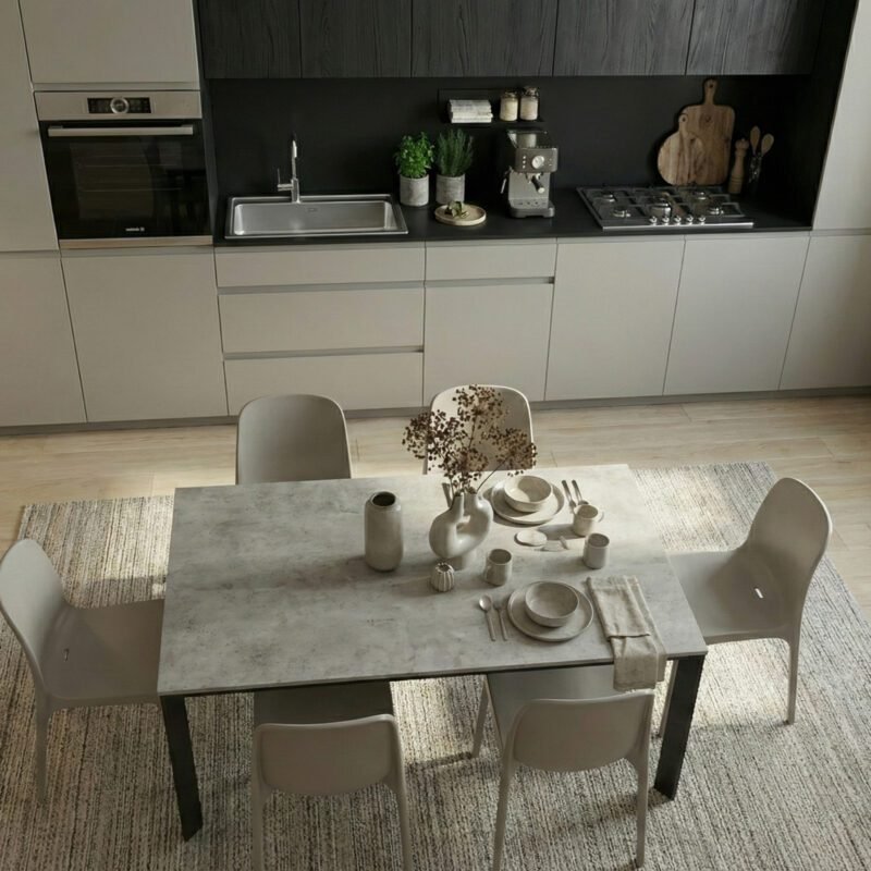 Cucina lineare modello Jane in pet ghiaccio seta con particolari in rovere british