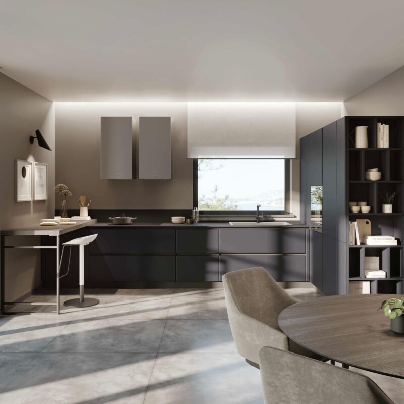 Cucina angolare Modello Trenta laccata grigia con piano in Quarzo