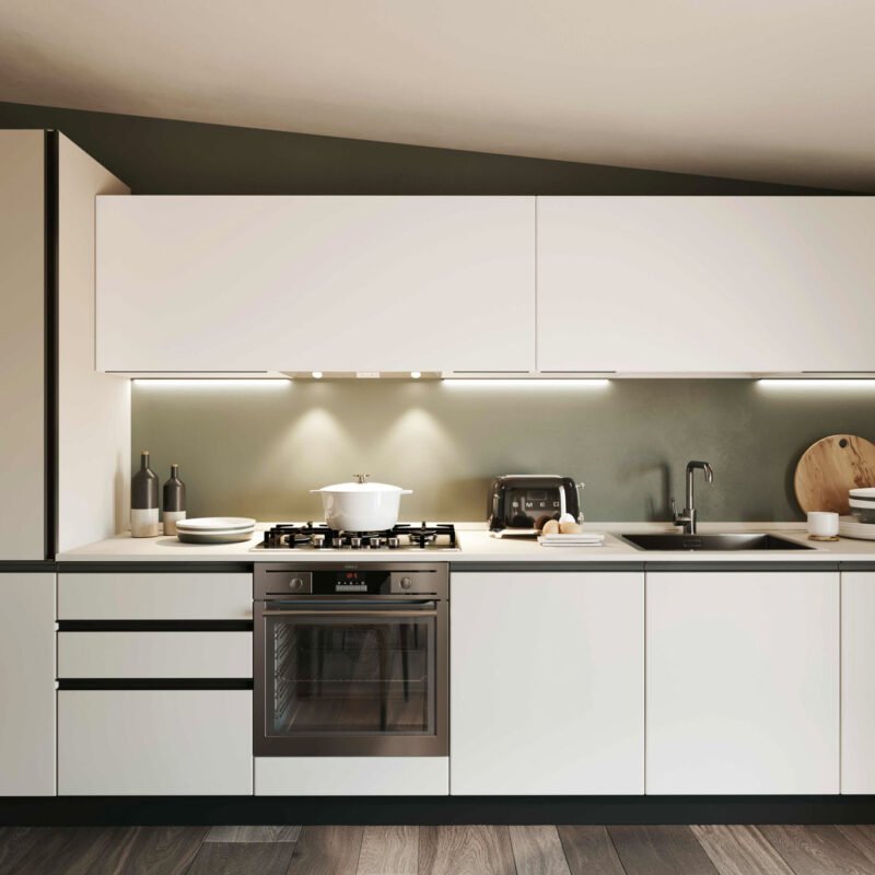 Cucina Taking lineare bianca in nobilitato con maniglia integrata