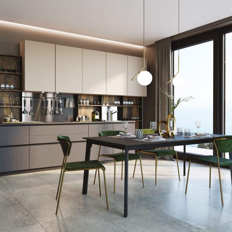 Cucina lineare moderna Tag con ante in PET e top effetto resina